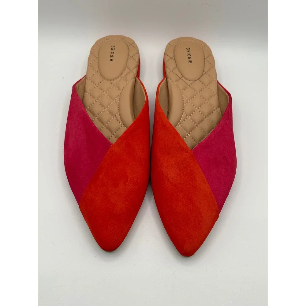 Birdies The Swan Mules Women Sz 8.5 Red Pink Suede Colorblock Pointed Toe Flats